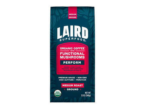 Laird Superfood Peruvian medium roast coffee with mushrooms 340g bag front on white background
