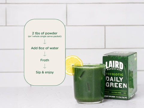 How to Use: Laird Superfood prebiotic daily greens powder mixing instructions 420g on white background