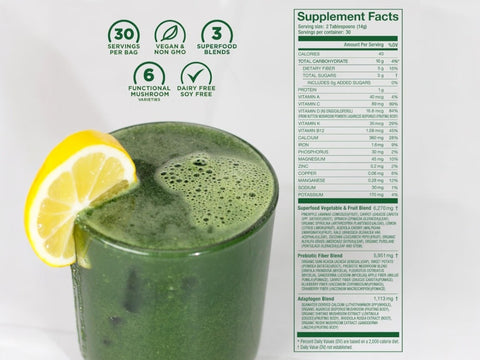 Laird Superfood prebiotic daily greens powder supplement facts label 420g on white background