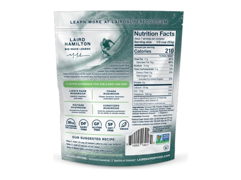 Laird Superfood reduced sugar instant latte 227g barcode, nutrition facts & ingredients on packaging on white background