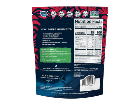 Laird Superfood reduced sugar coffee creamer ingredients, barcode & nutrition facts label 227g on white background