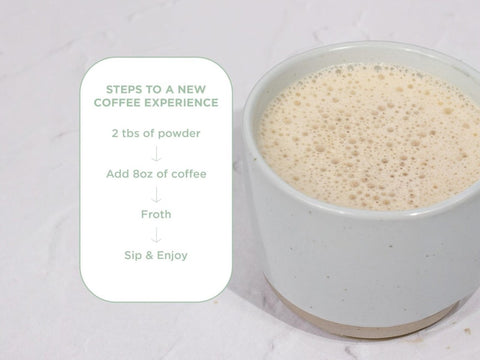 How to Use: Laird Superfood reduced sugar coffee creamer mixing instructions 227g on white background