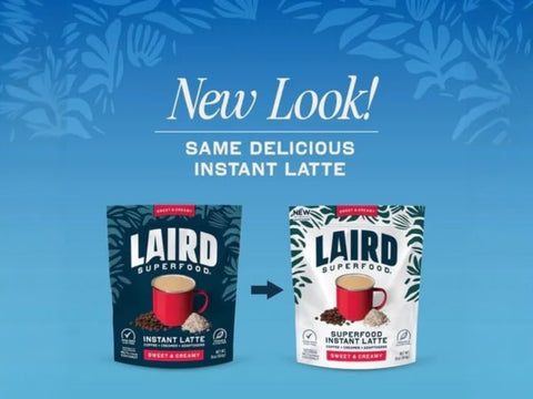 Laird Superfood Non-Dairy Instant Latte, Sweet & Creamy – 227g. Old & new packaging.