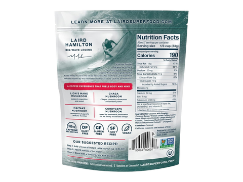 Laird Superfood non-dairy instant latte ingredients label and barcode 227g on white background