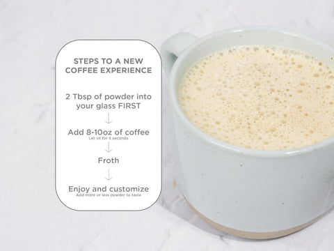 How to Use: Laird Superfood non-dairy creamer with mushrooms mixing instructions 227g on white background