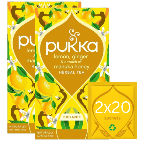 Pukka Organic Lemon Ginger Manuka Honey Herbal Tea box, 40 sachets, 34g.