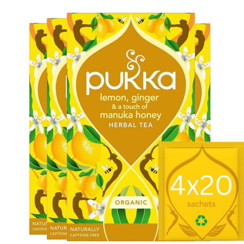 Pukka Organic Lemon Ginger Manuka Honey Herbal Tea box, 80 sachets, 34g.