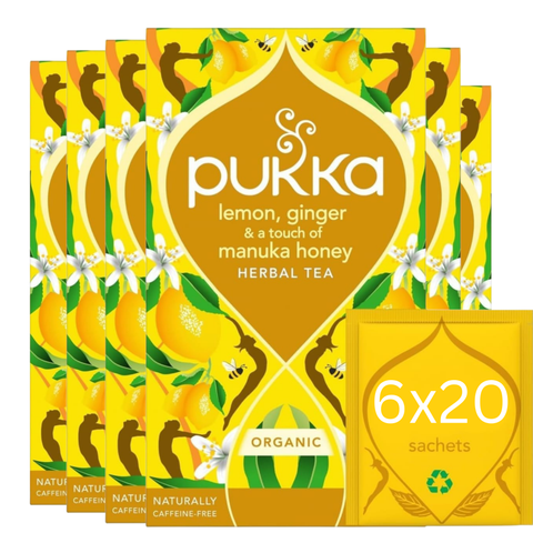 Pukka Organic Lemon Ginger Manuka Honey Herbal Tea box, 120 sachets, 34g.