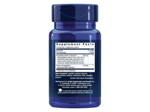 Supplement facts for Life Extension relaxation formula with ashwagandha and milk peptides.