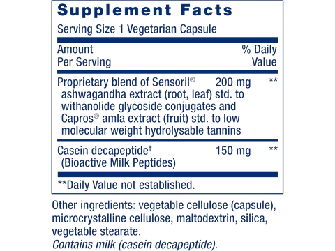 Supplement facts for Life Extension relaxation formula with ashwagandha and milk peptides.