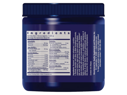 Label of Life Extension Dog Mix powder showing ingredient list and feeding guide.