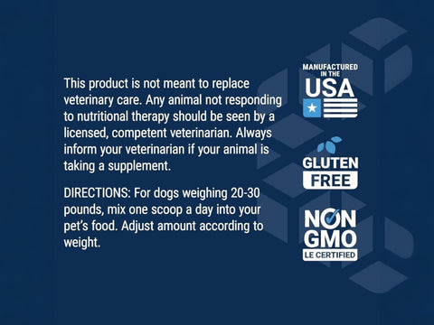 Label of Life Extension Dog Mix powder showing ingredient list and feeding guide dosage.