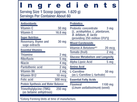 Label of Life Extension Dog Mix powder showing ingredient list and feeding guide.