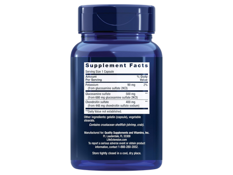 Supplement facts label for Life Extension Glucosamine Chondroitin capsules, showing dosage and ingredients.