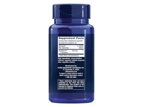 Life Extension L-Theanine 200 mg supplement bottle, 60 vegetarian capsules.