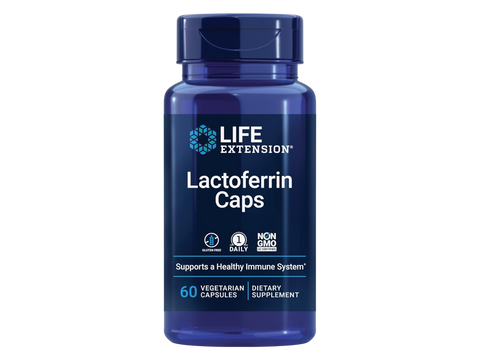 Life Extension Lactoferrin Caps supplement bottle, 300mg, 60 vegetarian capsules.
