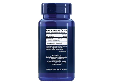 Supplement facts for Life Extension Lactoferrin showing 300mg dosage.