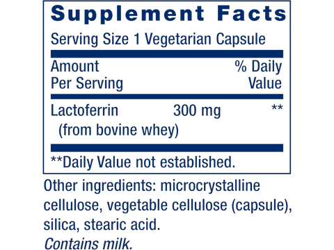 Supplement facts for Life Extension Lactoferrin showing 300mg dosage.