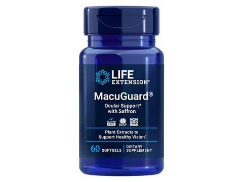Life Extension MacuGuard with Saffron softgel bottle, lutein and zeaxanthin supplement, 60 count.