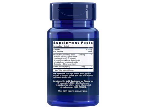Supplement facts for Life Extension MacuGuard showing carotenoid and saffron blend.