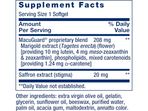 Supplement facts for Life Extension MacuGuard showing carotenoid and saffron blend.