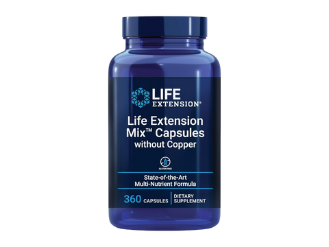 Front of Life Extension Mix Without Copper bottle, 360 capsules, on white background.