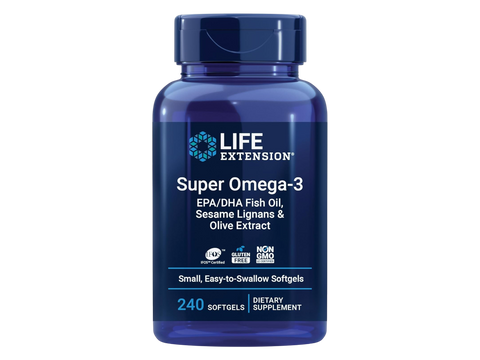 Life Extension Super Omega-3 EPA/DHA Fish Oil bottle with sesame lignans & olive extract, 240 softgels.