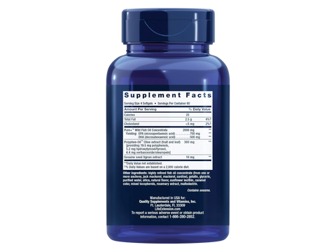 Supplement facts label for Life Extension Super Omega-3 complex showing EPA, DHA, and extract amounts.