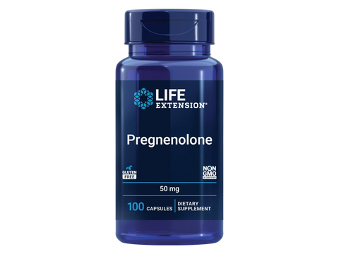 Life Extension Pregnenolone 50mg supplement bottle, 100 capsules for wellness support.