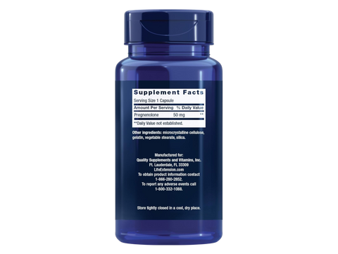 Supplement facts label for Life Extension Pregnenolone showing 50mg dosage.