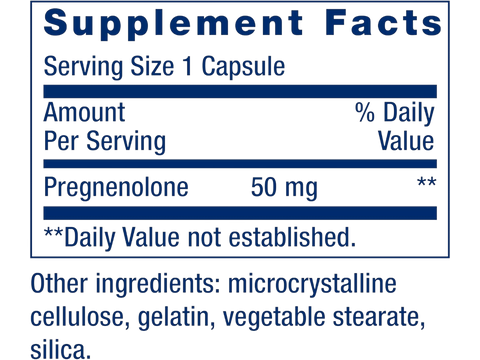 Supplement facts label for Life Extension Pregnenolone showing 50mg dosage.