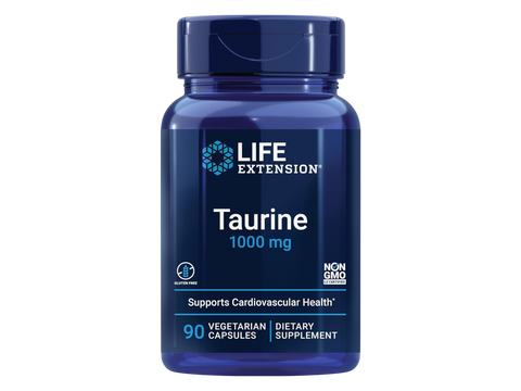 Life Extension Pure Taurine 1000mg supplement bottle, 90 vegetarian capsules.