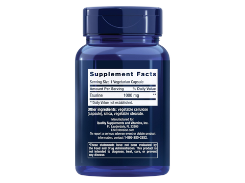 Supplement facts label for Life Extension Taurine showing 1000mg dosage per capsule.