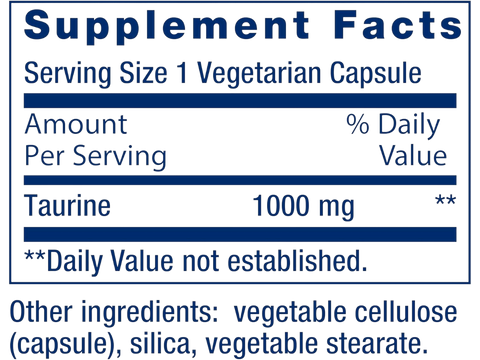Supplement facts label for Life Extension Taurine showing 1000mg dosage per capsule.