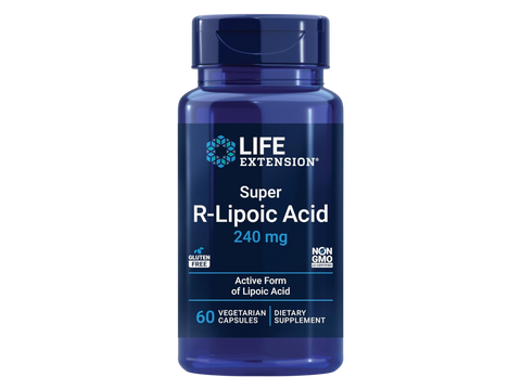 Life Extension Super R-Lipoic Acid supplement bottle, 60 vegetarian capsules, 240mg R-ALA.