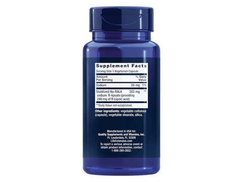 Supplement facts for Life Extension Super R-Lipoic Acid showing stabilized Na-RALA ingredient.