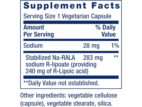 Supplement facts for Life Extension Super R-Lipoic Acid showing stabilized Na-RALA ingredient.