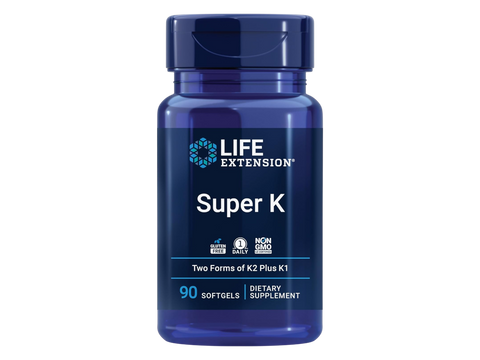 Life Extension Super K full spectrum vitamin K supplement bottle, 90 softgels.