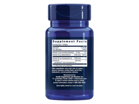 Supplement facts for Life Extension Super K showing K1, MK-4, and MK-7 amounts.