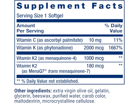 Supplement facts for Life Extension Super K showing K1, MK-4, and MK-7 amounts.