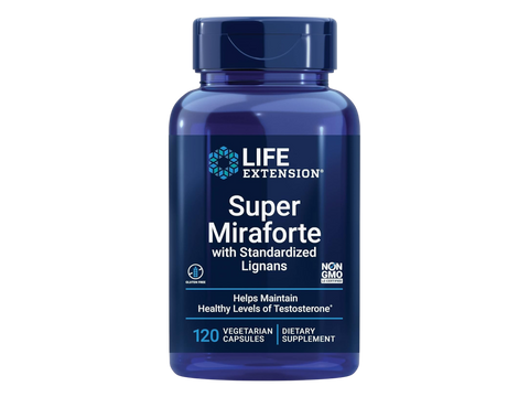 Life Extension Super Miraforte men's botanical supplement bottle, 120 capsules.