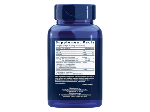 Back label of Super Omega-3 supplement bottle showing ingredients, supplement facts, and certifications.