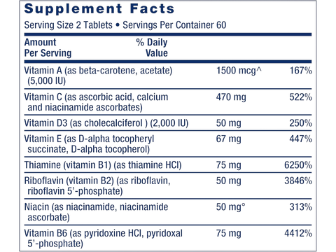 Supplement facts panel for Life Extension Two-Per-Day Multivitamin showing full ingredient list.