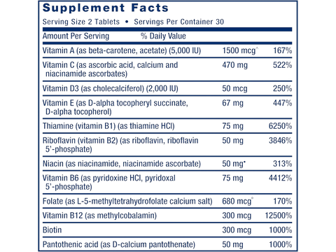 Supplement facts panel for Life Extension Two-Per-Day Multivitamin showing full ingredient list.