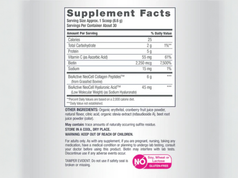 NeoCell Beauty Infusion Collagen Drink Mix Cranberry Cocktail 258g supplement facts panel