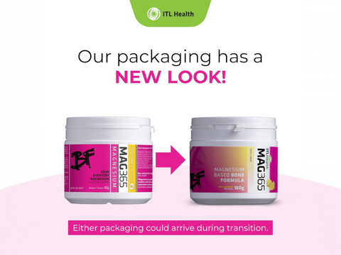 MAG365 BF Magnesium Mineral Powder, Exotic Lemon - 180g. Old & new packaging.