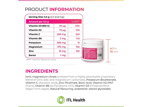 Supplement facts and directions for MAG365 BF powder.