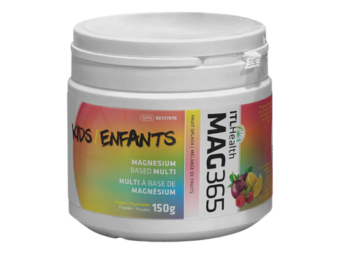 MAG365 Kids Magnesium Multi Powder tub, Fruit Splash flavour, 150g.