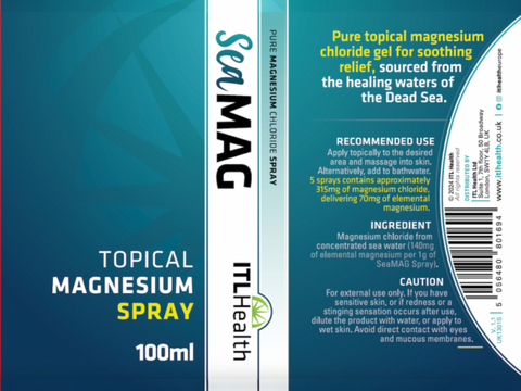 Label of MAG365 SeaMAG spray showing ingredients & barcode.
