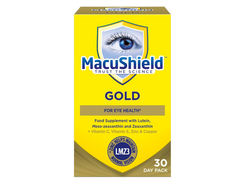 MacuShield Gold eye health supplement 90 capsules front box on white background
